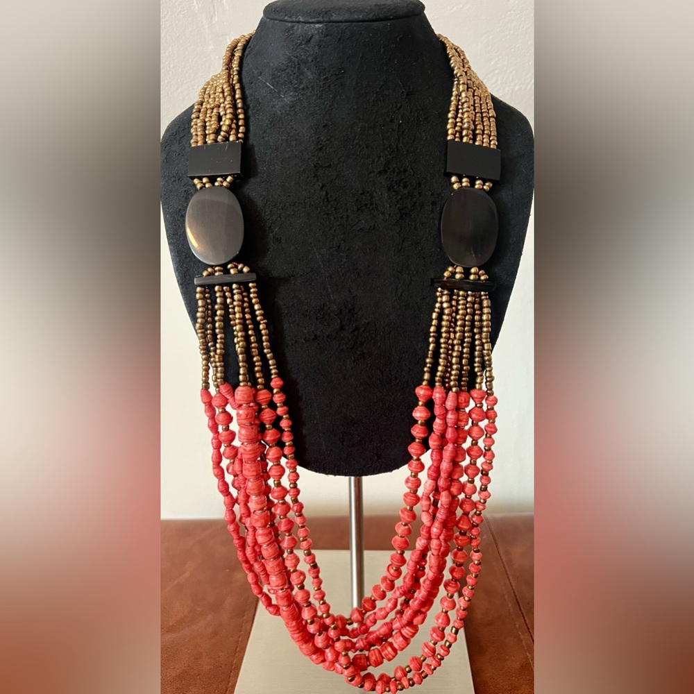 Handmade Moroccan Multi-Strand Necklace - Red Paper Beads & Black Accents, 33"